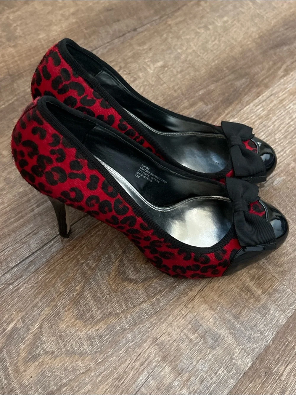 White House Black Market Red Leopard Print Pointed-Toe Pumps with Black Bow